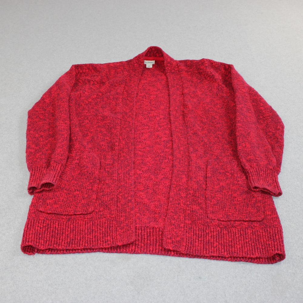 LL Bean Cardigan Sweater Women Medium Red Chunky Knit Open Front Pockets Comfort